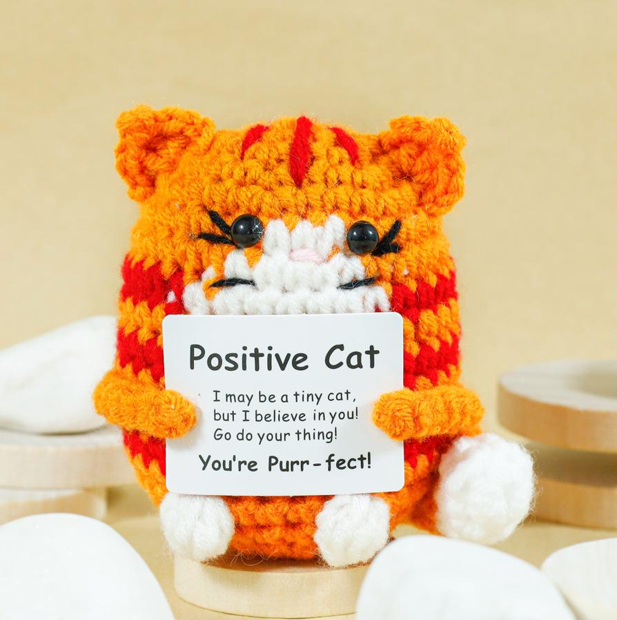 Funny Crochet Positive Cat Doll With Card Home Room Decoration Handmade Knitted Cat Christmas Doll Ornament Christmas Party Gift
