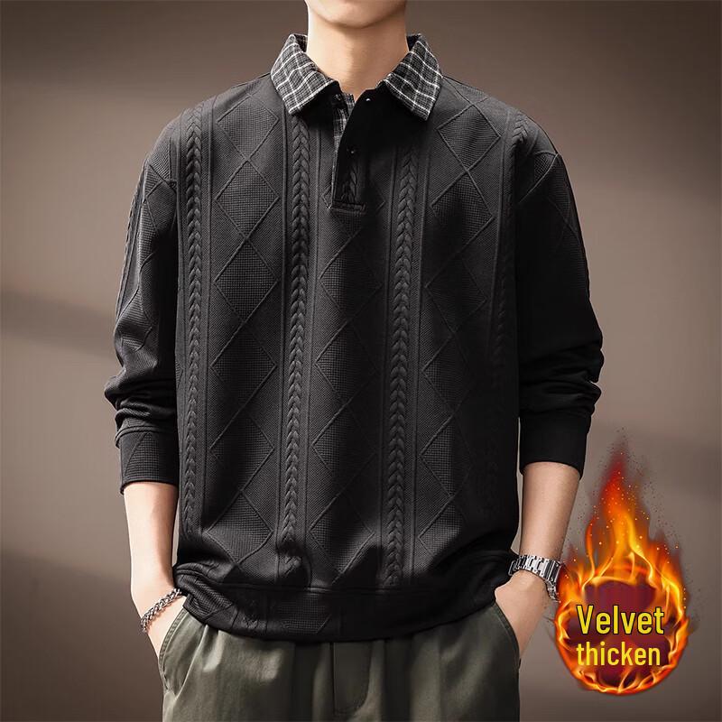 Men's Faux Two-Piece Wheat Texture Long Sleeve Polo Sweatshirt