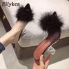 Fashion Eilyken Design White Fluffy Pointed Toe Womens Slippers PVC Transparent Jelly Sandals Perspex Glass Spike Heels Shoes Pumps