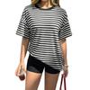 Women's Fashion Striped Round Neck Short Sleeved Casual Loose Fitting Pullover T-shirt Top
