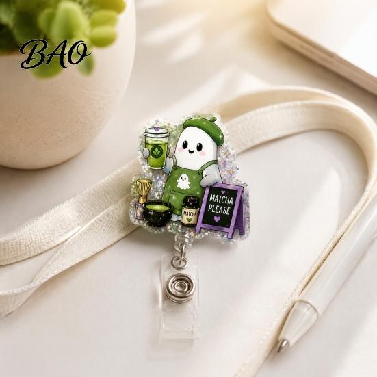 Office Id Card Clip Halloween Retractable Badge Reel, Ghost Black Cat And Pumpkin Design, Decorative Reel 360 Degree Rotating Acrylic ID Holder