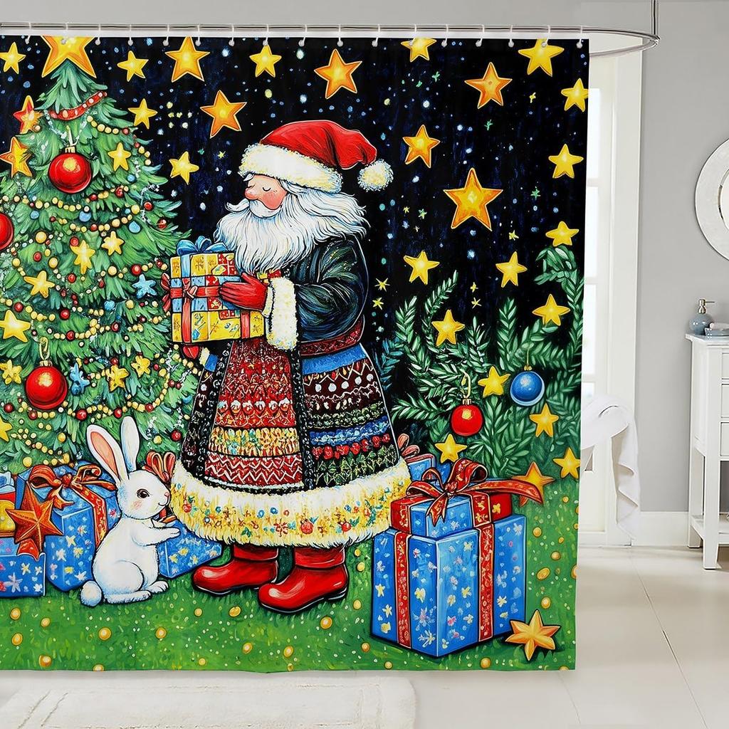 3DCute Cat Shower Curtain Christmas New Year Theme Bathroom Curtains for Kids Boys Girls Teens Lovely Kitty Decor Winter Holid