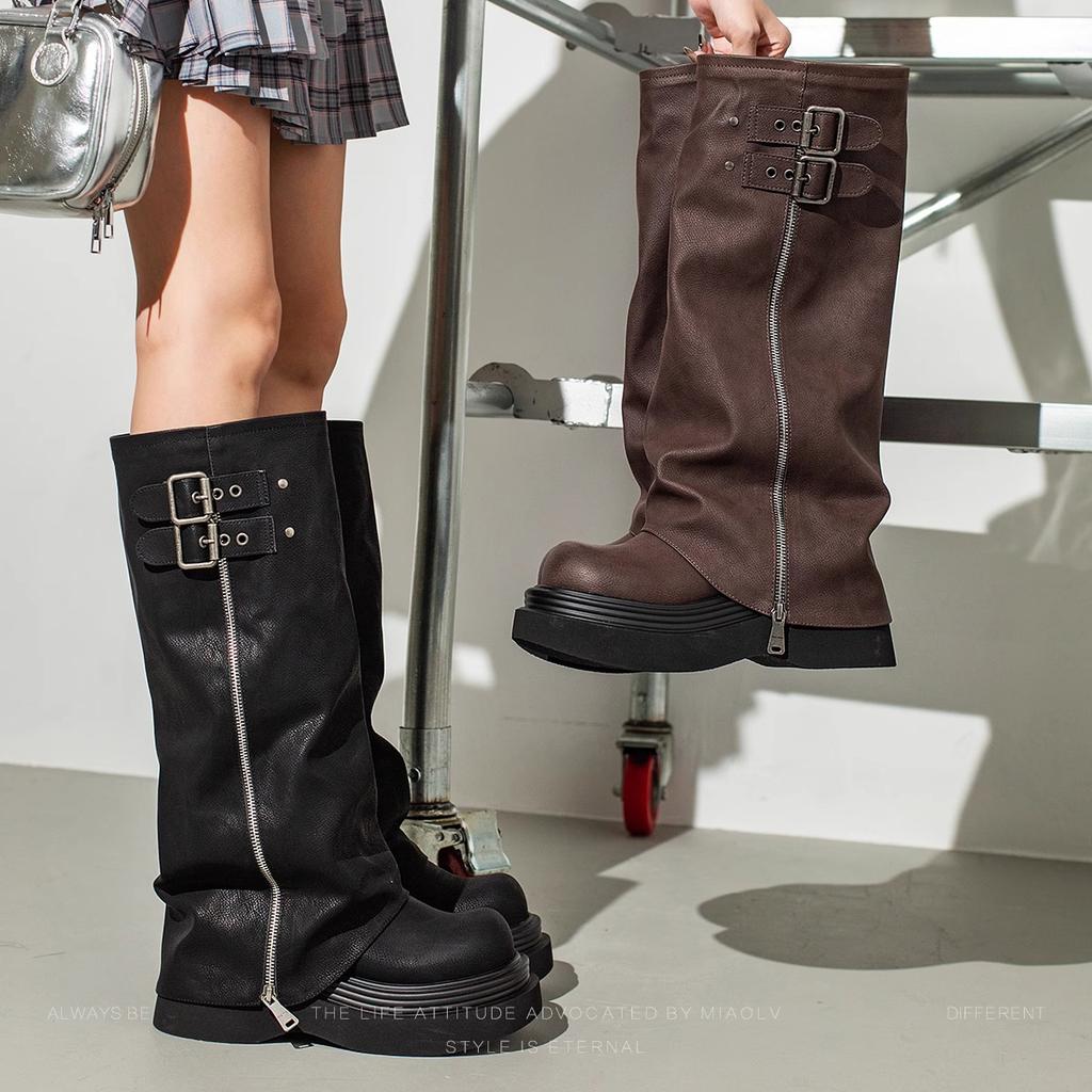 New spot but knee thick heel knight boots 2025 spring and autumn big tube circumference thick leg long boots retro thick sole folds