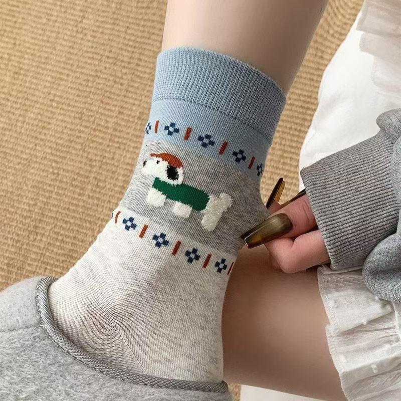 1/4Pairs Cartoon Cat Dog Pattern Comfortable Socks Breathable Anti Slip Sweat Absorbing Mid-Tube Socks Outdoor Warm Socks