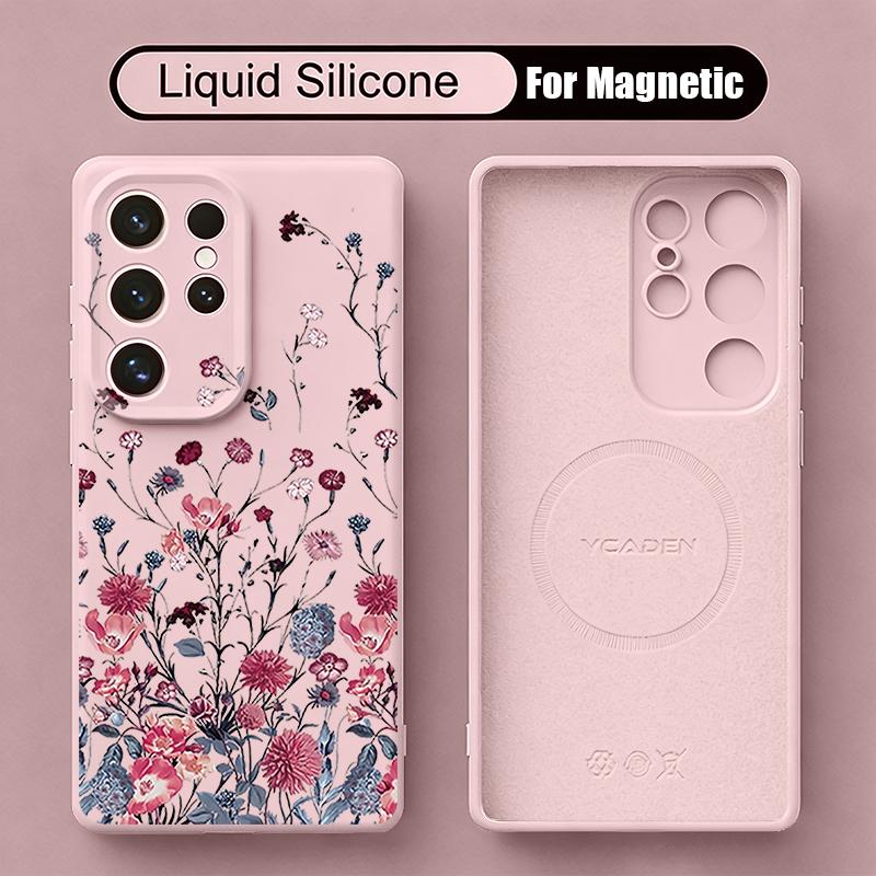 White Flowers Print Case For Samsung Galaxy S26 S25 Ultra S24 Plus S23 S22 Ultra Magnetic For Magsafe Liquid Silicone Cover