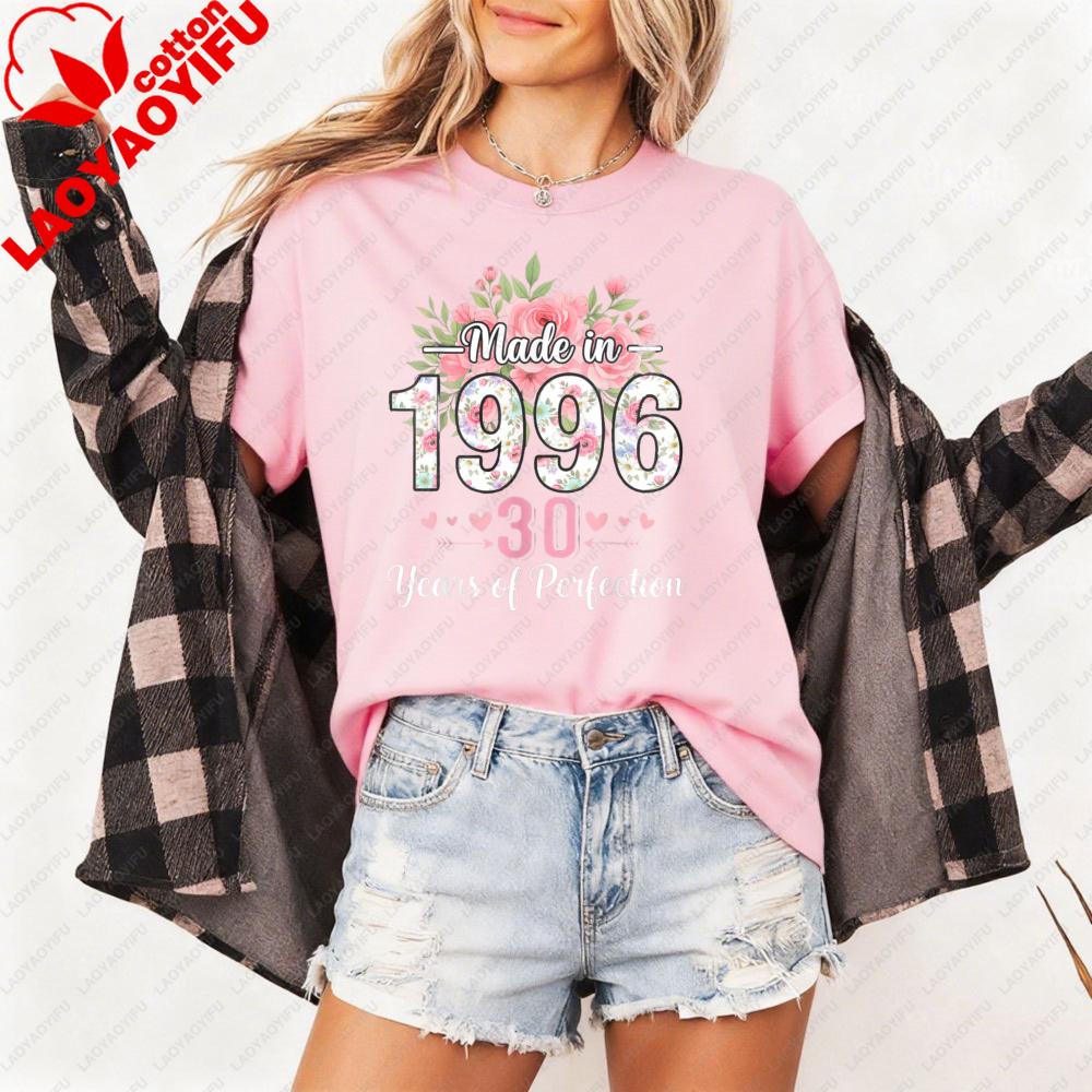 Made in 1996 30th Birthday Women TShirt Floral Design Cotton Short Sleeve Casual Summer Top Gift for Her Fashion Tee