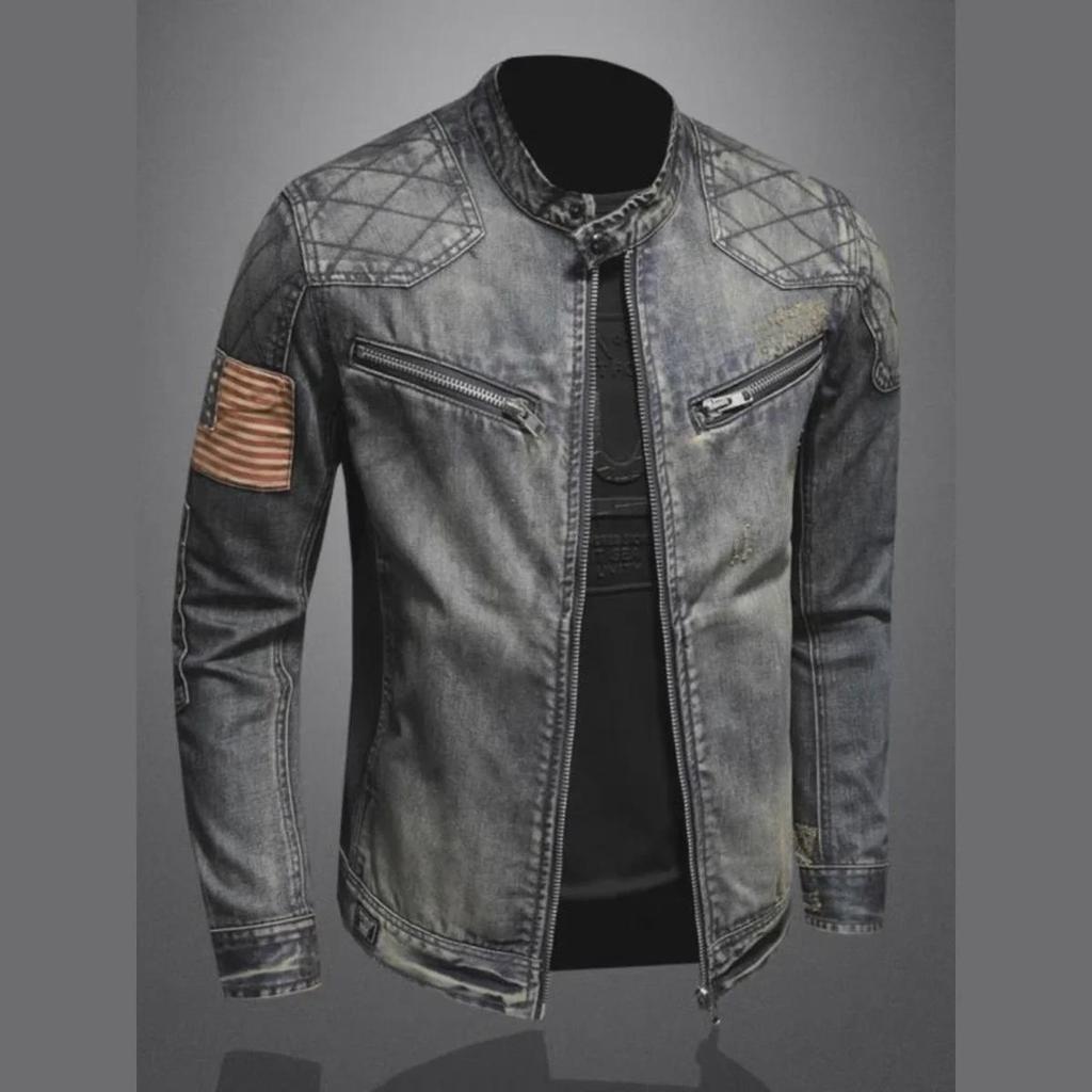 Pánská retro džínová bunda na motorku s límečkem - evropský a americký pouliční styl na podzim/zimu.