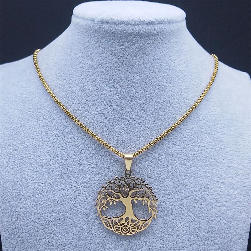 Fashion Tree of Life Round Necklace for Women Men Stainless Steel Gold Color Chain Necklaces Jewelry arbre de vie N3399S02