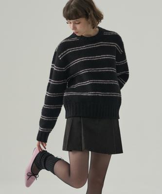 Deuloupisumeon Symmetric Brush Woolen Pleated Mini Skirt [Coal Black]