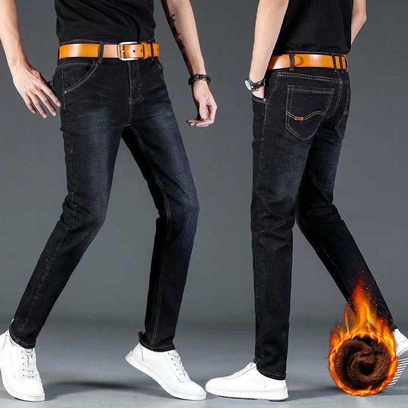 Men's 2024 Winter Straight White Jeans with Plus Velvet for Warmth