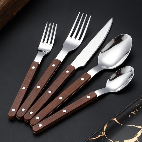 Geschirrset Klassisches Französisches Design 5-teiliges Edelstahl-Besteck mit Imitation-Holzgriff Spülmaschinenfest Besteckset Rostbeständig Steakmesser