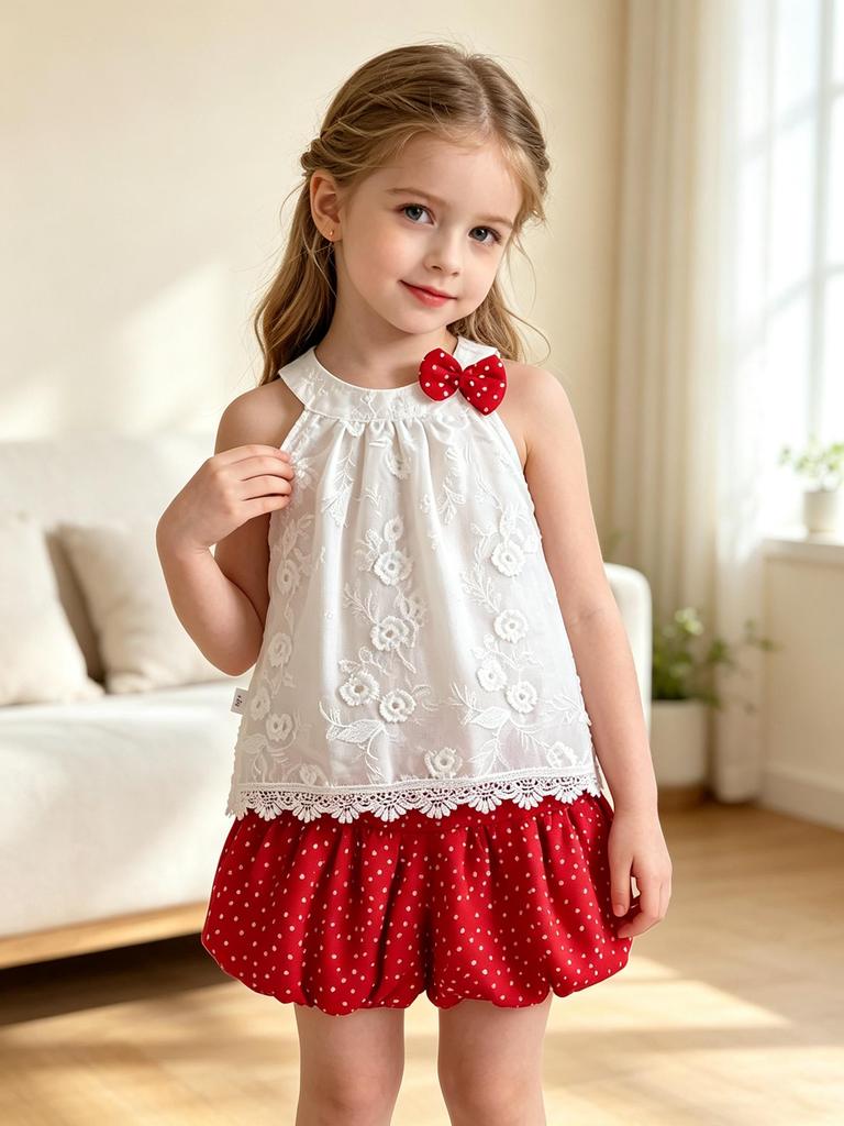 Summer Girls' 2-Piece Outfit 0-5 Years Old Toddler Lace Sleeveless Bow Top Polka Dot Bubble Shorts Kids Summer Casual Wear