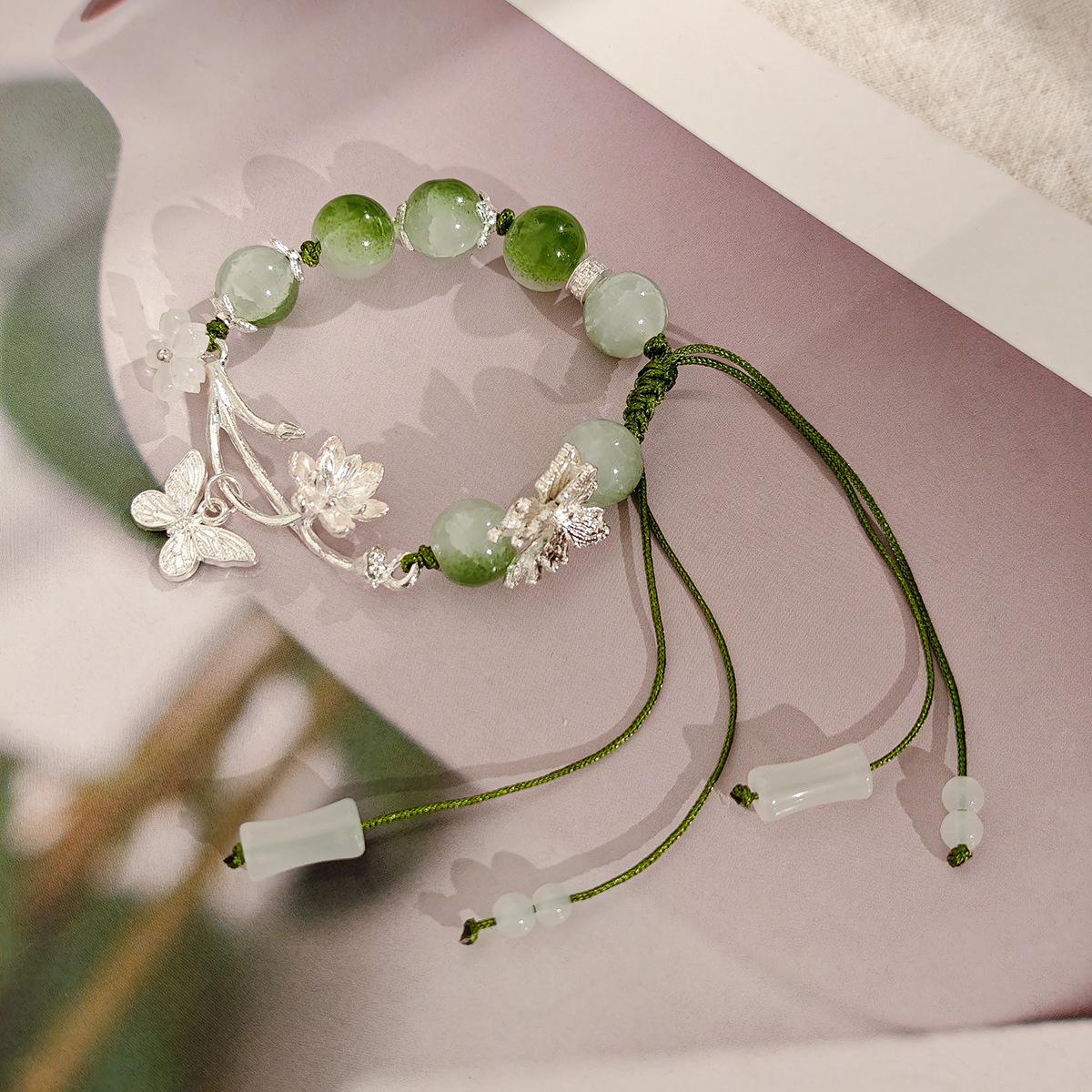 Antique Green Cold Butterfly Flower Bracelet, Retro National Style Niche Design Sense Beaded Jewelry Women