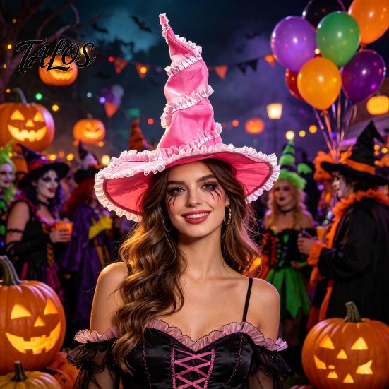 Non-itchy Halloween Hat Women's Large Ruched Witch Hat, Felt Wizard with Photo Prop Ruffle/Flowers/Mesh, Adults Cosplay Costume for Party, Masquerade