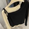 Chic French Color-Block Patchwork Long-Sleeve Shirt for Women - Perfect for Autumn and Winter