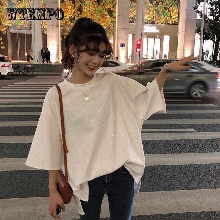 

WTEMPO Женщины Половина Рукав Блестки Футболка Плюс Размер Повседневный Блеск Футболка Femme