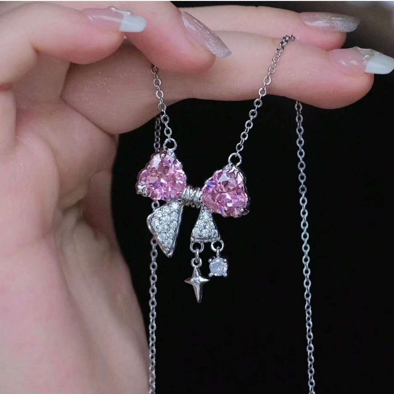 

Starry Butterfly Necklace for Women, Sweet Pink Bow Heart Pendant, Dainty Sparkling Collarbone Chain Jewelry Gift Pink&45cm рожевий