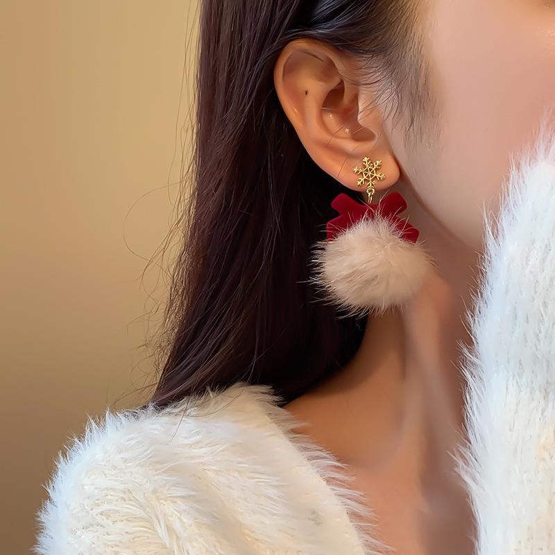 Snowflake Red Bow Hairball Earrings Creative Versatile Earrings Autumn and Winter Earrings