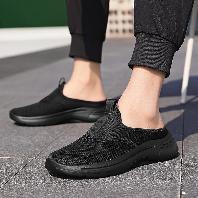 Large Size Outdoor Travel Net Surface All Black Half Drag Large Size Casual Shoes Light Soft Sole Men's Slippers