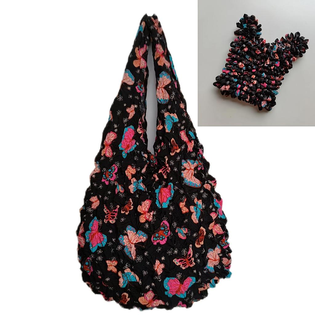Magic Retractable Bubble Pleated Floral Shopping Bag for Women Lightweight Elastic Reusable Tote
