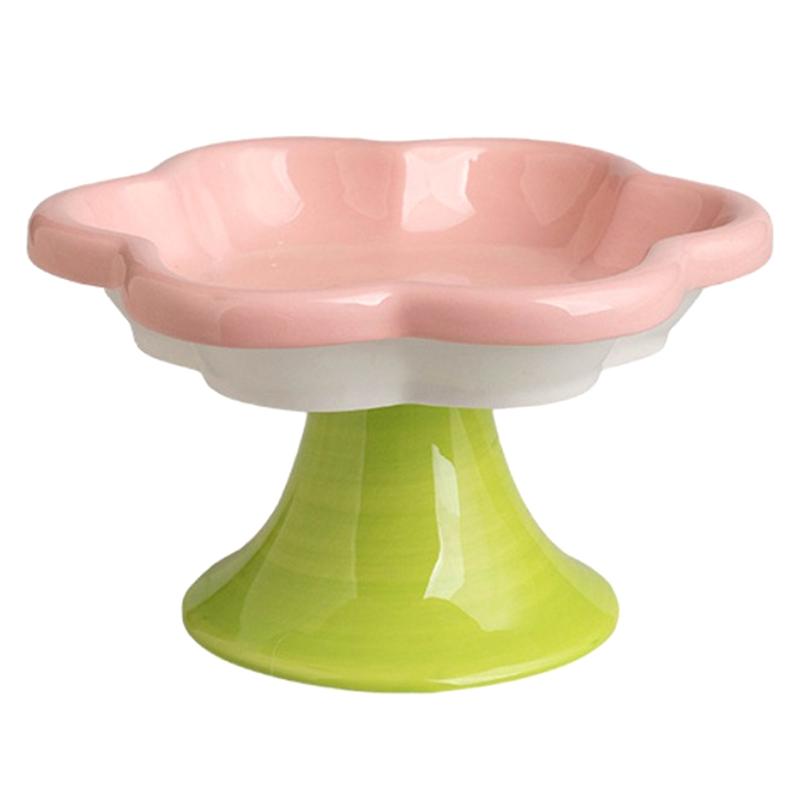 Flower Designed Cat Bowl, Raised, For Neck Protection, Includes Snack Dish, Water Plate, Food Bowl With Stand Pink
