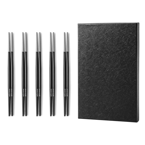 Hive Mind Chopsticks, Set of 5, 21.8cm, Stainless Steel, Non-Slip, Perfect as a Gift or Present (Black/Silver)