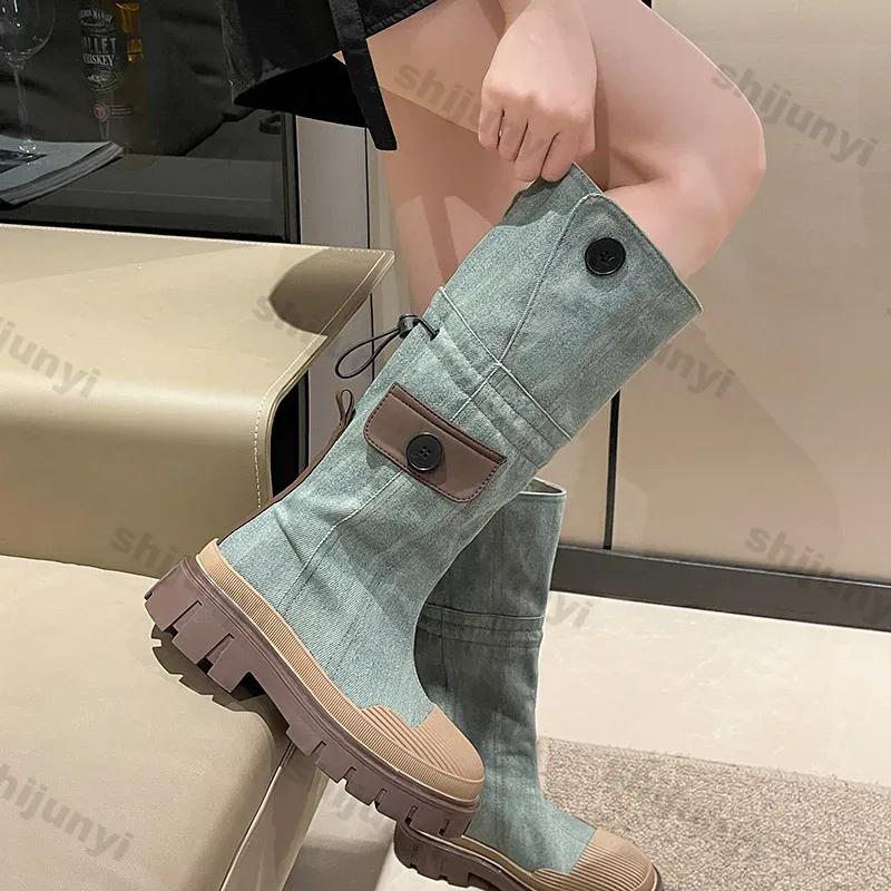 Women Blue Denim Thigh High Boots Thick Heels Simple Thick High Heels Autumn Winter New Fashion Platform Knee High Knight Boots