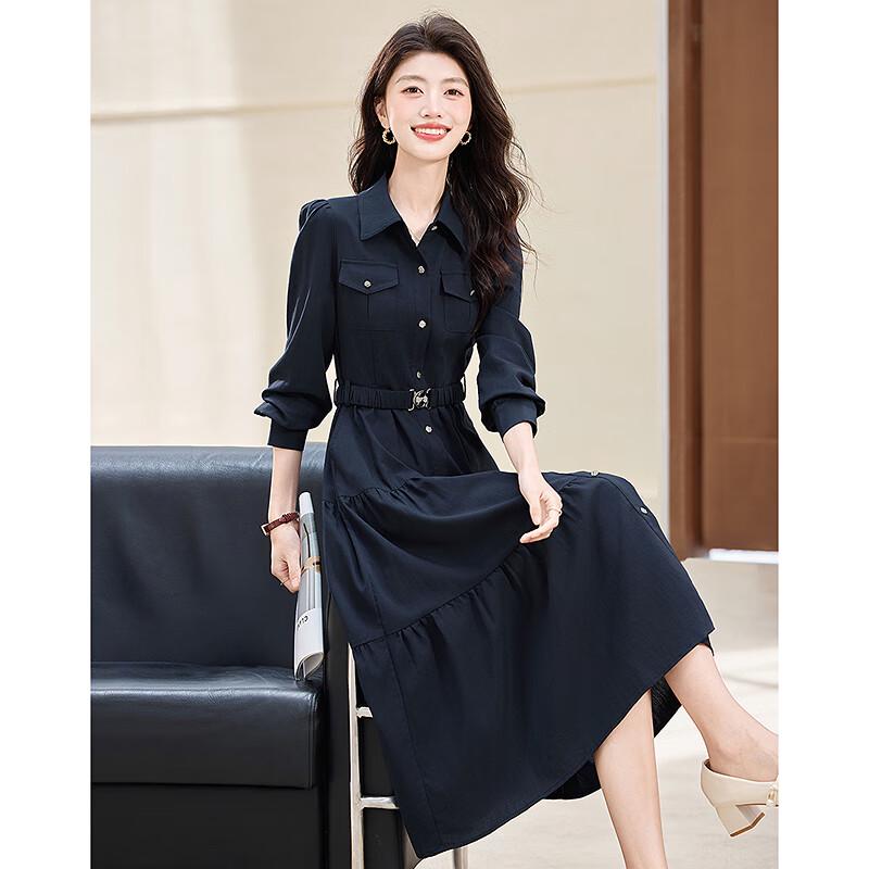 Petite Elegant A-Line Tiered Shirt Dress with Elastic Belt