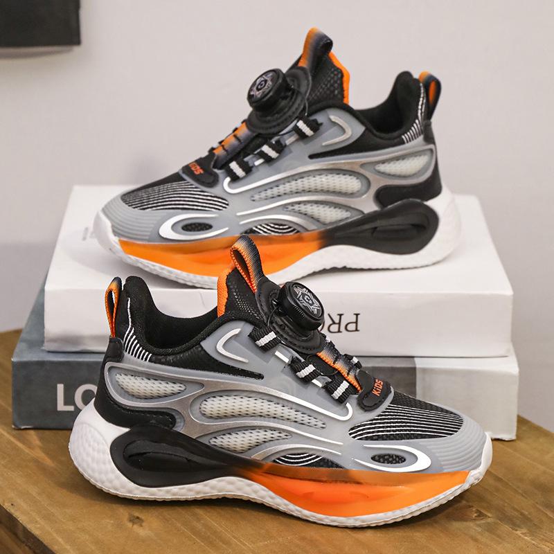 Children's sports shoes leather students autumn and winter new mesh shoes boys running shoes lightweight wear-resistant button casual shoes