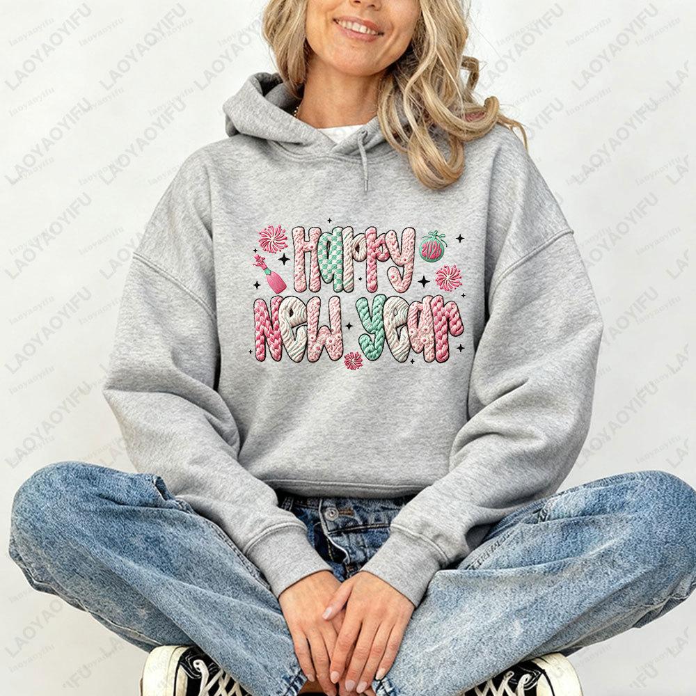 Happy New Year 2026 Women Hoodies Hello 2026 Faux Crochet Coquette Faux Yarn Printed Long Sleeve Sweatshirt Winter Sweater Women