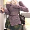 Arctic Velvet Washing Water, Spice Girl Hollowed Out Purple Knitted Sweater Women's Blouse Irregular Autumn and Winter with a Word Shoulder
