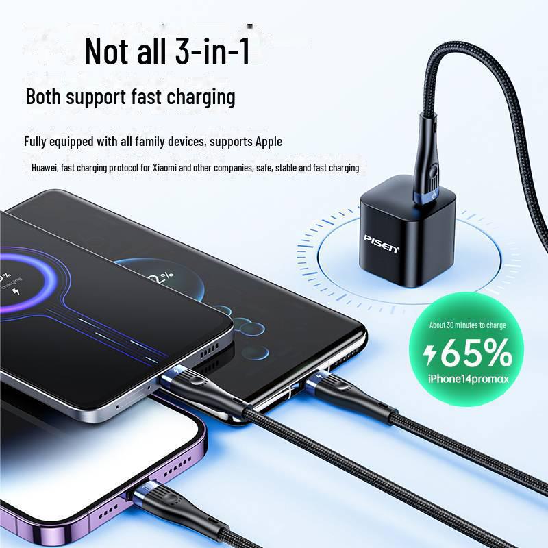 PISEN 3-in-1 Type-C Fast Charging Cable for Apple & Huawei, Braided Design