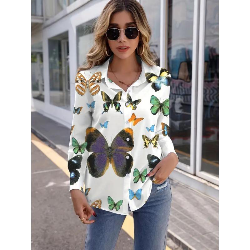 Butterfly Print Button Shirt, Casual Long Sleeve Shirt For Spring & Fall, Women's Clothing