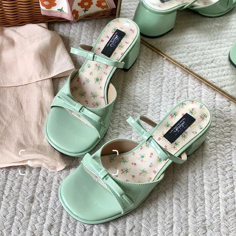 Fashion High Heels Women Slippers Bow Chunky Heeled Shoes Dress Fashion Woman Sandals 2025 New Designer Pumps Luxury Sandalias De Mujer