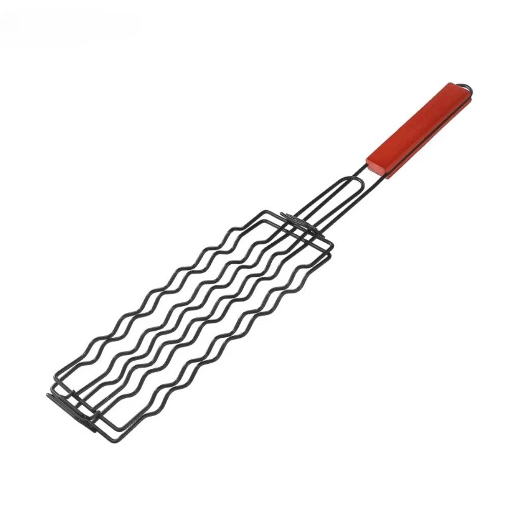 1Pcs Metal Sausage Grill Cage Wooden Handle Grill Basket New Hot Dog Grill Fish Grilling Clip Tool black