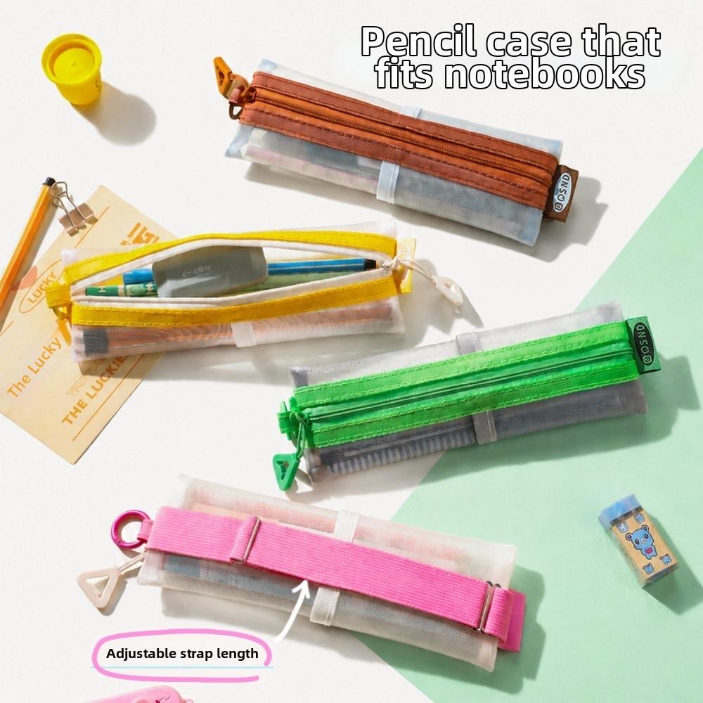 Elastic Strap Zipper Pencil Case Mesh Fabric Stationery Organizer Mesh Pen Pouch School Supplies