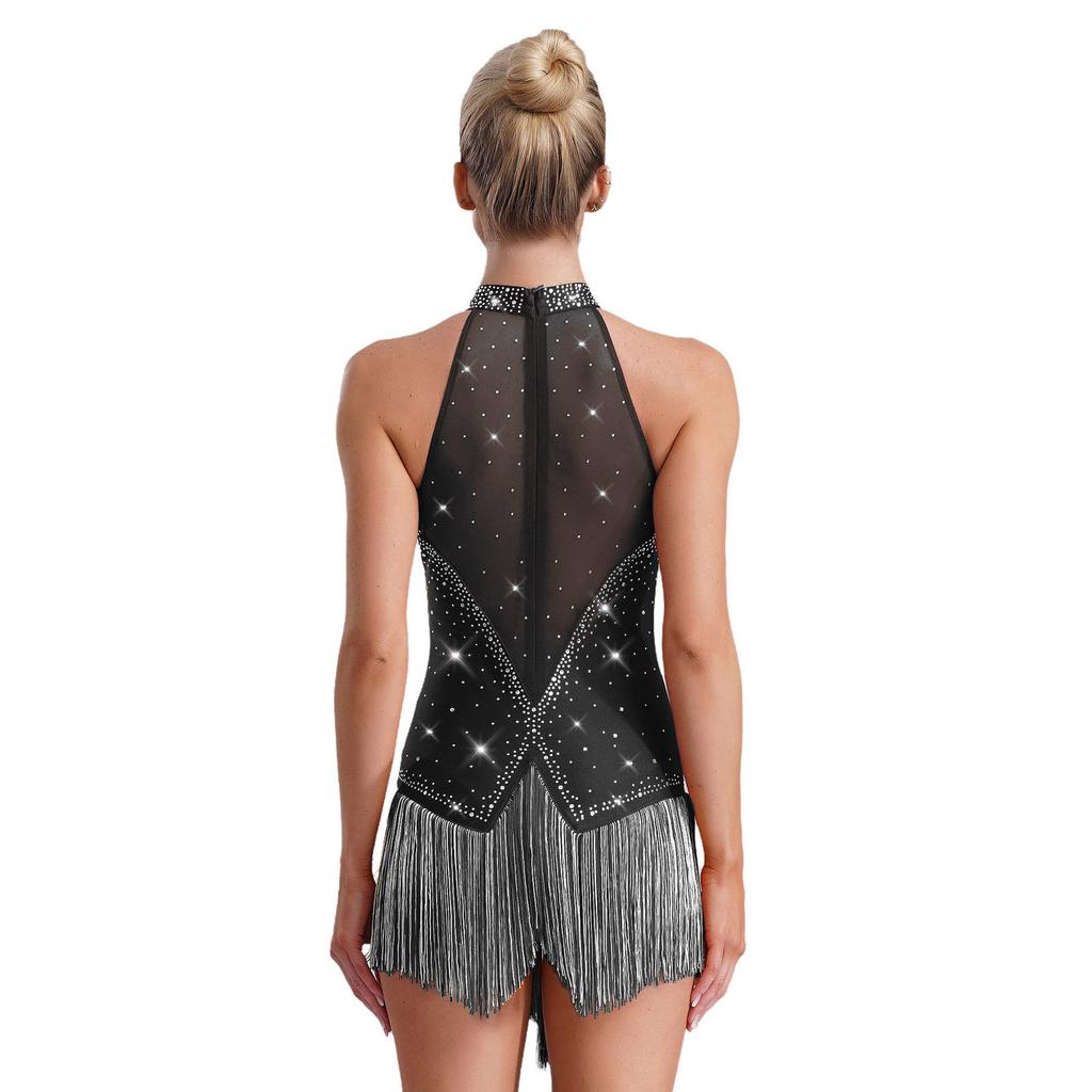 Damen Latein Tanz Trikot Ärmellos Transparentes Mesh Patchwork Glänzende Strasssteine Fransen Body Tango Kostüm