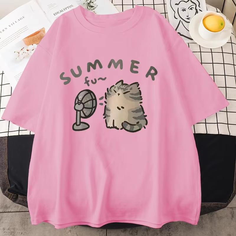 2026 Summer Hot Sale Korean Version Retro Minimalist Cat Printed Summer Tshirt Casual Loose Couple Thin Short Sleeve Unisex Unisex