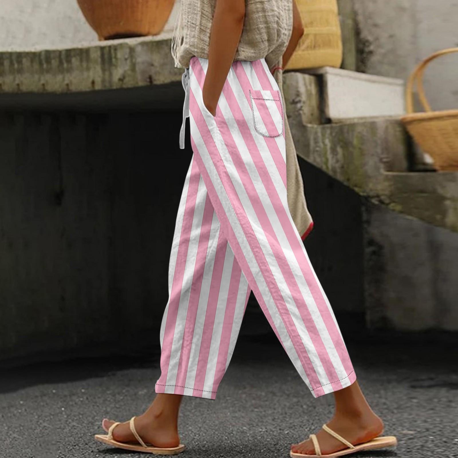 

Женские повседневные модные эластичные повседневные брюки с полосатым принтом M розовый