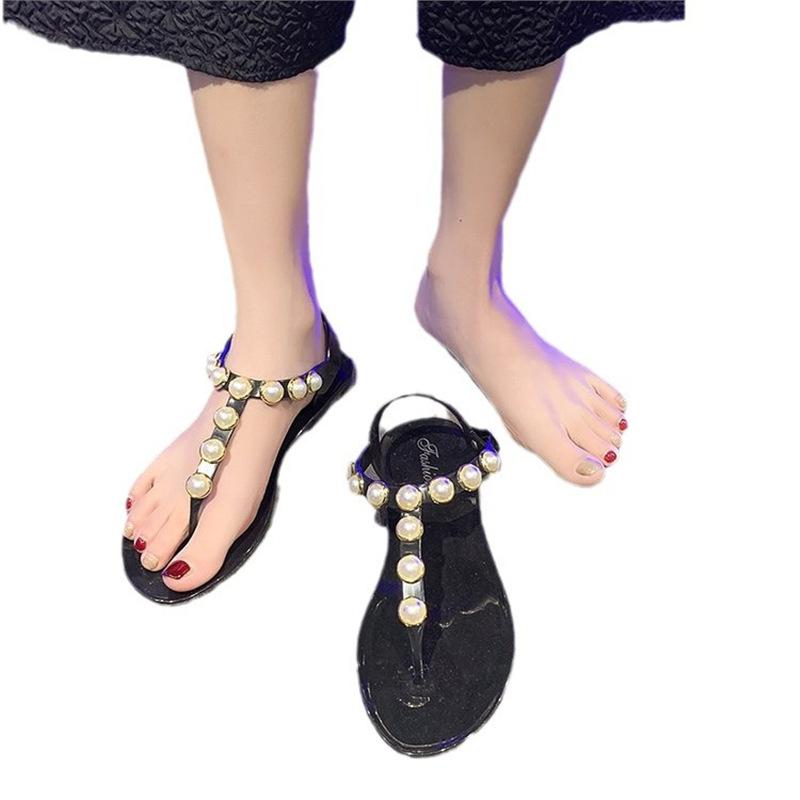 Foreign Trade Pearl Sandals Women's 2024 Summer Diamond-encrusted Flats Flat Heels Fairy Wind Soft Sole Fashion Women's Shoes Tide