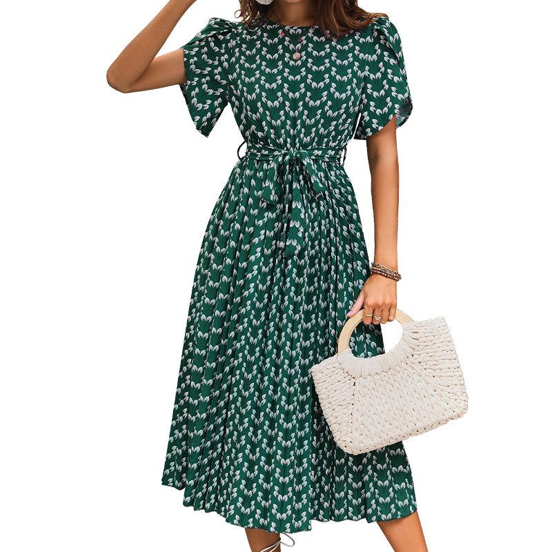 Summer Casual Fashion Floral Print Summer Dress with Belt