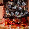 6Pcs Christmas Balls White Black Strip Hand-painted 6cm/8cm with Hanging Rope Home Decoration Festive Ornament Balls