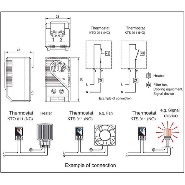 Temperature Controller, KTO011 0-60℃ Adjustable Compact Electric Mechanical Thermostat Switch, Normally Closed, Red Buttom,
