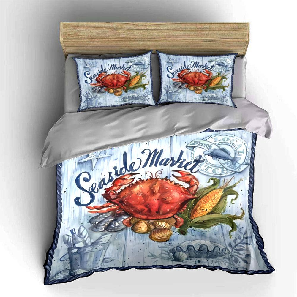 Seaside Market Crab Design Bedding Duvet Cover Set Duvet Cover Pillowcases  (1*Duvet Cover 2*Pillowcases, Without Duvet Insert)