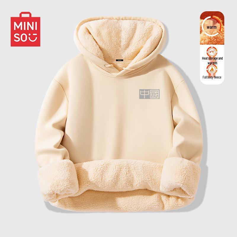 

MINISO Men s Winter Fleece Lined Hooded Sweatshirt with Chinese Character Print L