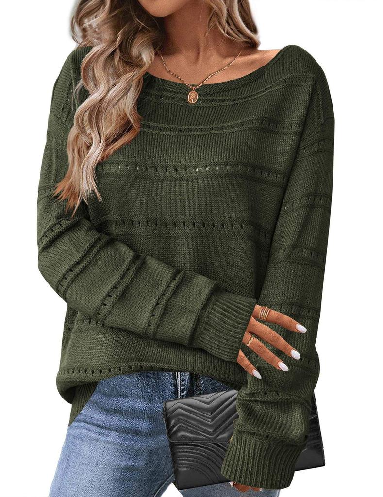 2026 Autumn/Winter Women's European Style Loose Knit Hollow Sweater - Round Neck, Long Sleeve, Casual Pullover