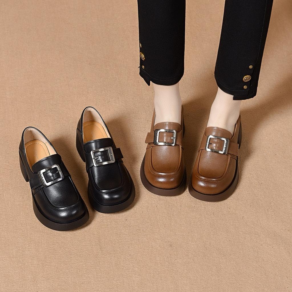 Platform shoes women's spring square buckle thick heel one pedal single shoes first layer cowhide small leather shoes