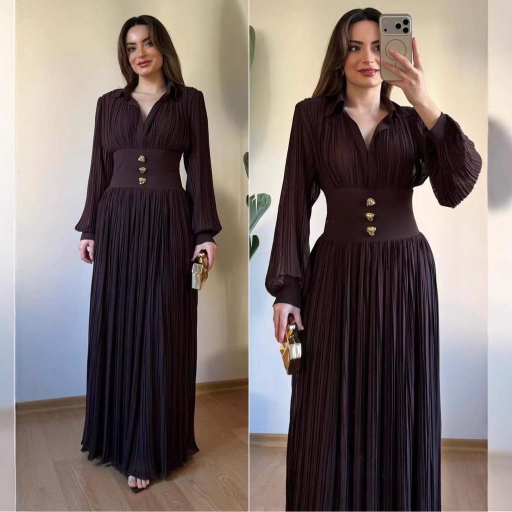European Elegant Long-Sleeve Polo Collar Pleated Dress - Solid Color, New Style Fashion