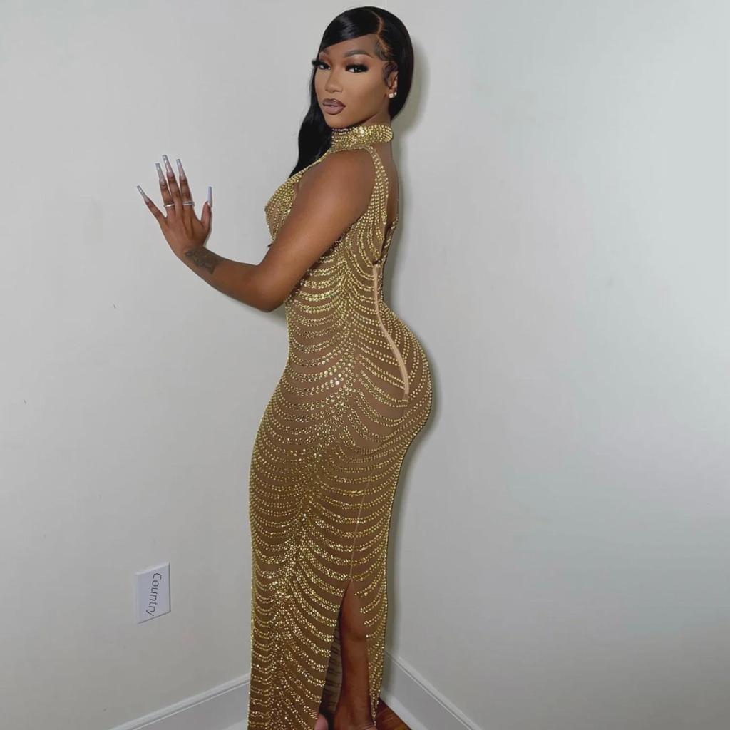 OS6777 Vestido Sexy de Rede Feminino com Strass - Estilo Europeu e Americano