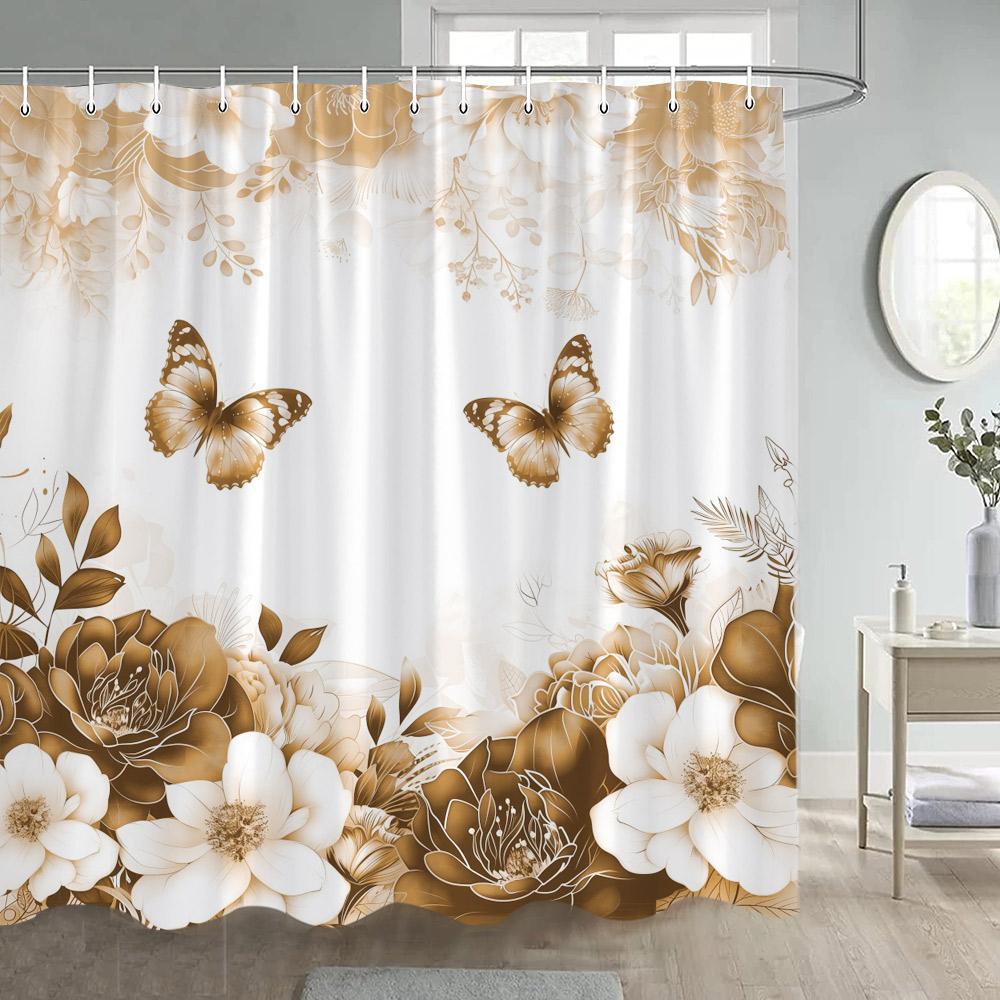Blue Butterfly Floral Shower Curtains Watercolour Flowers Plant Bath Curtain Polyester Fabric Home Bathroom Bathtub Decoration